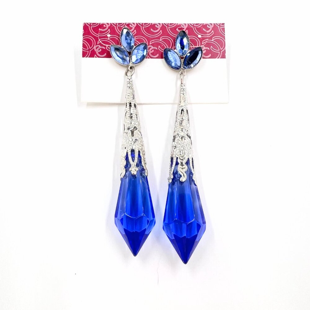 NWT – Charming Charlie – Blue Jeweled Drop Glass Dangle Silver Tone 3.5” Earring - Picture 8 of 9